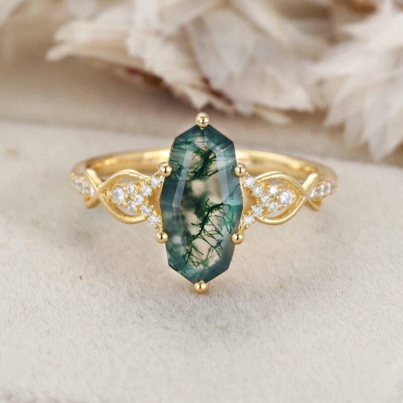 Unique Cut Natural Moss Agate Engagement Ring Live Stone Ring Handmade Moss Agate Ring Green Agate dainty ring in 14k Rose Gold Ring Gift