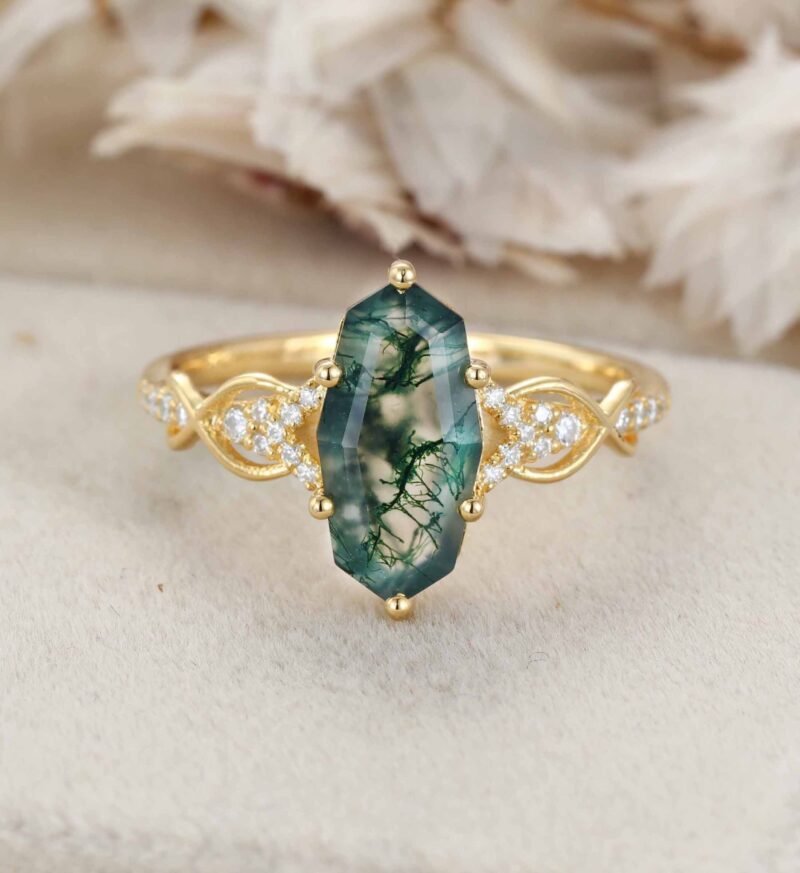 Unique Cut Natural Moss Agate Engagement Ring Live Stone Ring Handmade Moss Agate Ring Green Agate dainty ring in 14k Rose Gold Ring Gift