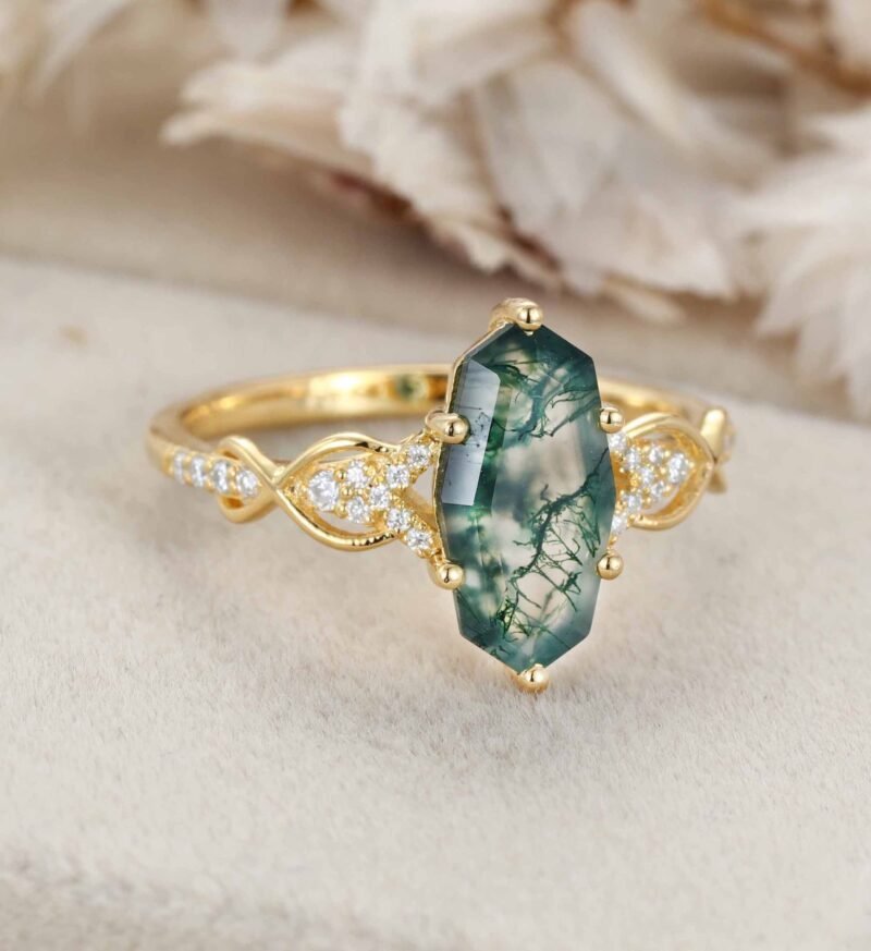 Unique Cut Natural Moss Agate Engagement Ring Live Stone Ring Handmade Moss Agate Ring Green Agate dainty ring in 14k Rose Gold Ring Gift