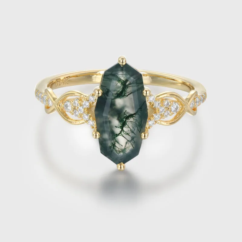 Unique Cut Natural Moss Agate Engagement Ring Live Stone Ring Handmade Moss Agate Ring Green Agate dainty ring in 14k Rose Gold Ring Gift