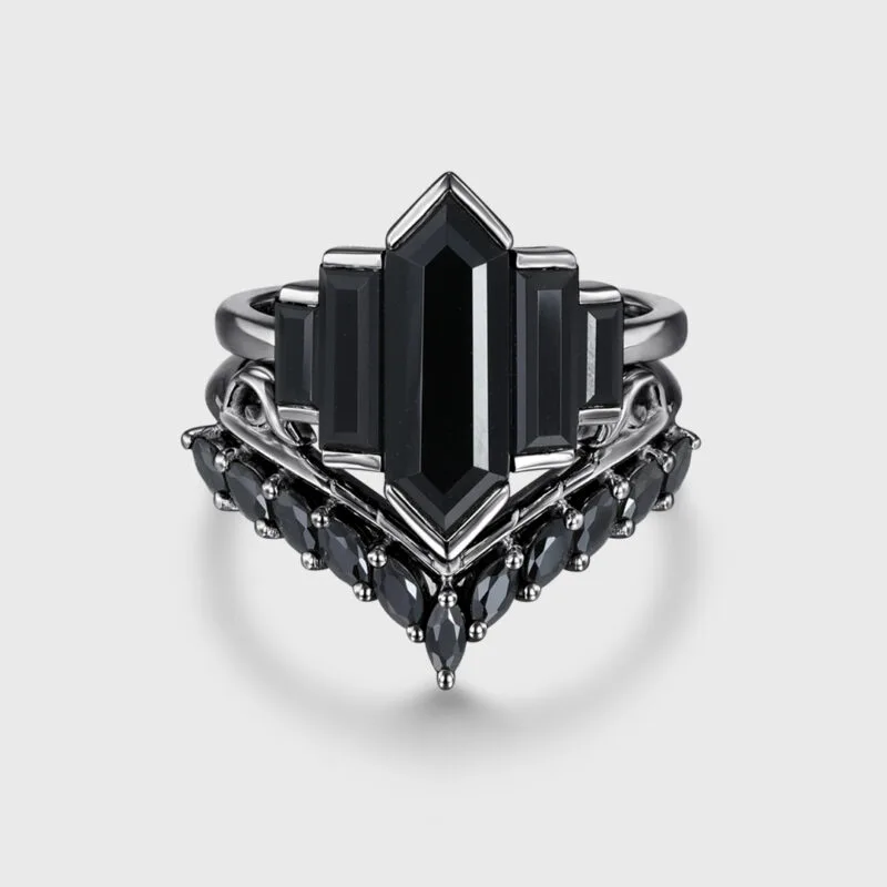 Unique Dark Style Hexagon Black Onyx Stone Ring Set in 14K Black Gold – Art Deco Bezel Set