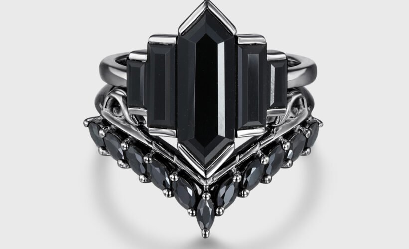 Unique Dark Style Hexagon Black Onyx Stone Ring Set in 14K Black Gold – Art Deco Bezel Set