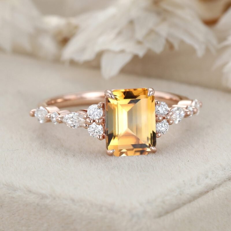 Unique Emerald Cut Citrine Engagement Ring Vintage 14K Rose Gold Marquise Diamond Cluster Ring Art deco Promise Anniversary Ring