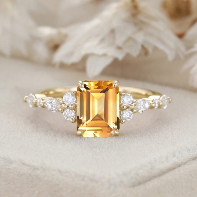 Unique Emerald Cut Citrine Engagement Ring Vintage 14K Rose Gold Marquise Diamond Cluster Ring Art deco Promise Anniversary Ring