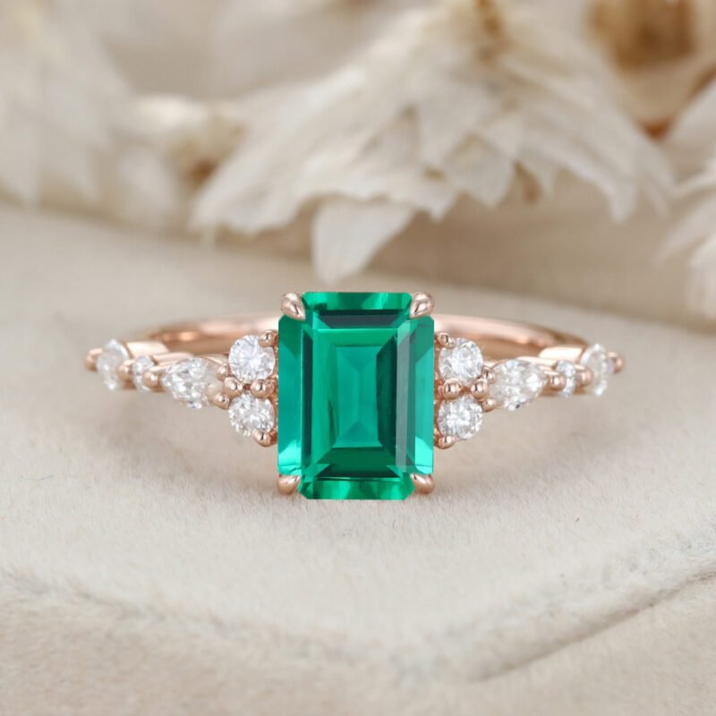Unique Emerald Cut Lab Emerald Engagement Ring Vintage 14K Rose Gold Marquise Diamond Cluster Ring Art deco Promise Gift For Her