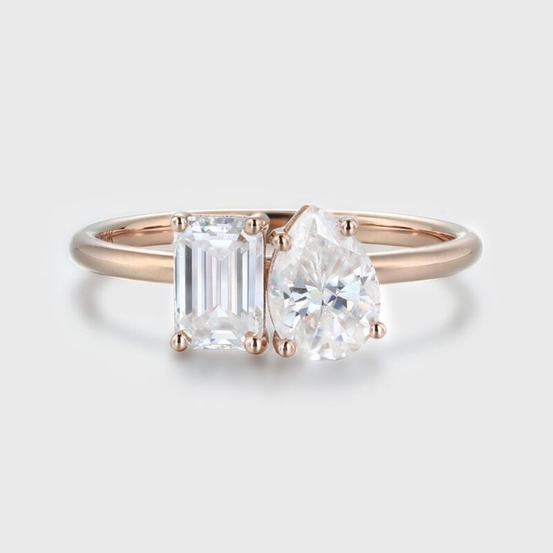 Unique Emerald Cut Moissanite and Pear Cut Moissanite Engagement Ring Two-Stone Moissanite Engagement Ring Rose gold Wedding Anniversary Ring