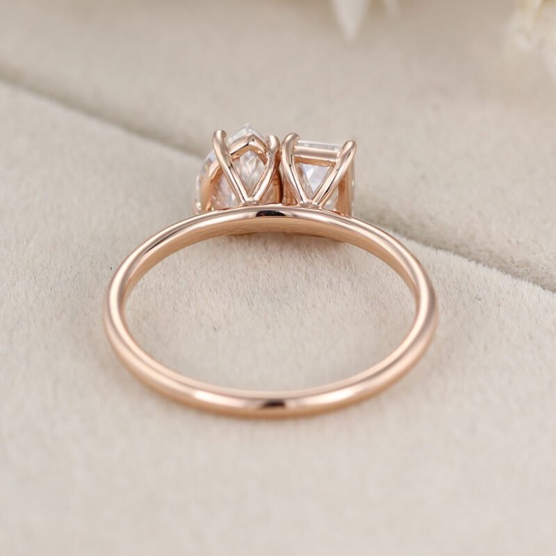 Unique Emerald Cut Moissanite and Pear Cut Moissanite Engagement Ring Two-Stone Moissanite Engagement Ring Rose gold Wedding Anniversary Ring