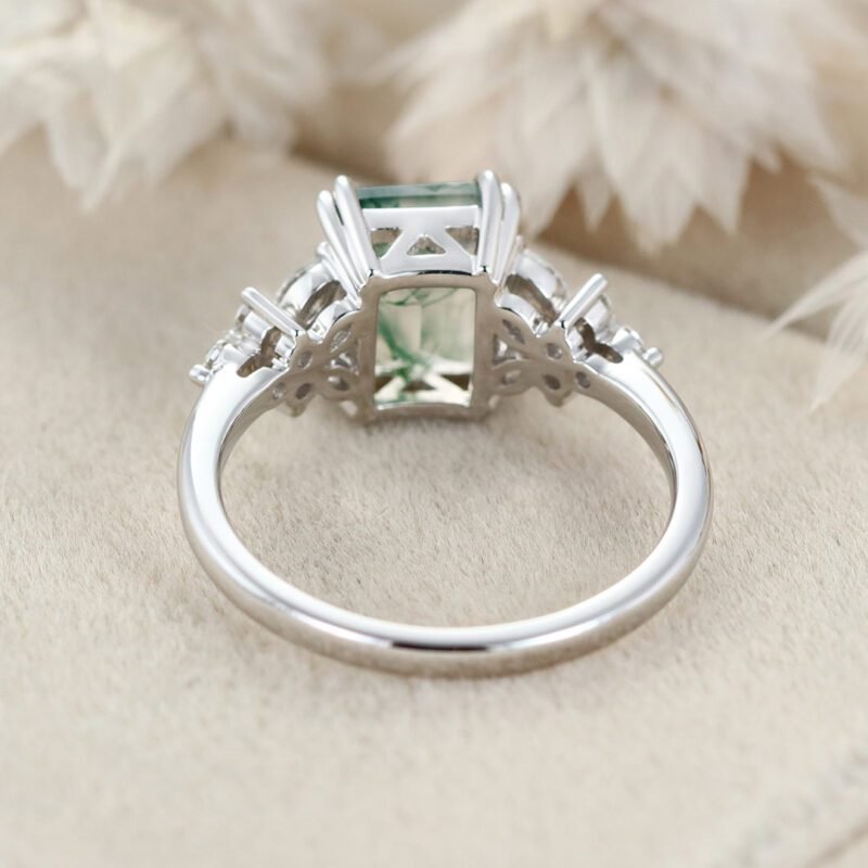 Unique Emerald Cut Moss Agate Engagement Ring Vintage White Gold Cluster Engagement Ring Marquise Diamond Wedding Bridal Gift For Her