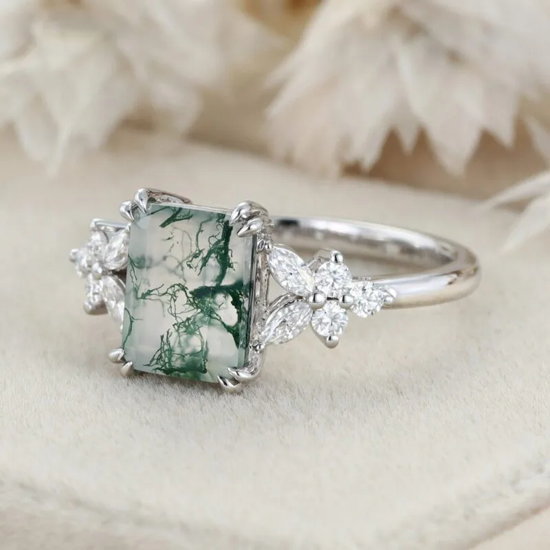 Unique Emerald Cut Moss Agate Engagement Ring Vintage White Gold Cluster Engagement Ring Marquise Diamond Wedding Bridal Gift For Her