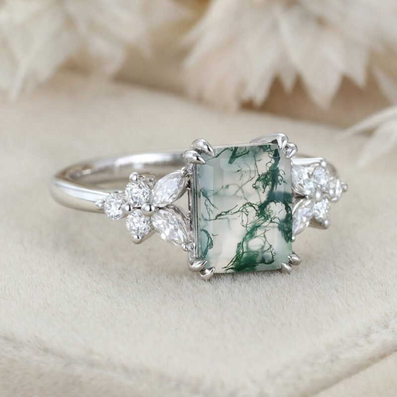 Unique Emerald Cut Moss Agate Engagement Ring Vintage White Gold Cluster Engagement Ring Marquise Diamond Wedding Bridal Gift For Her