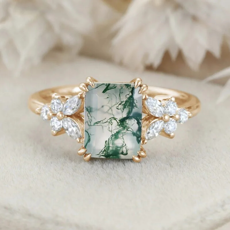 Unique Emerald Cut Moss Agate Engagement Ring Vintage White Gold Cluster Engagement Ring Marquise Diamond Wedding Bridal Gift For Her