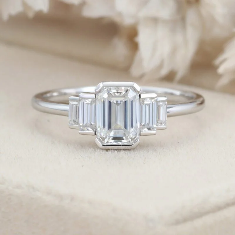 Unique Emerald cut Moissanite engagement ring Cluster baguette engagement ring White gold Bezel Set art deco Bridal Promise Anniversary