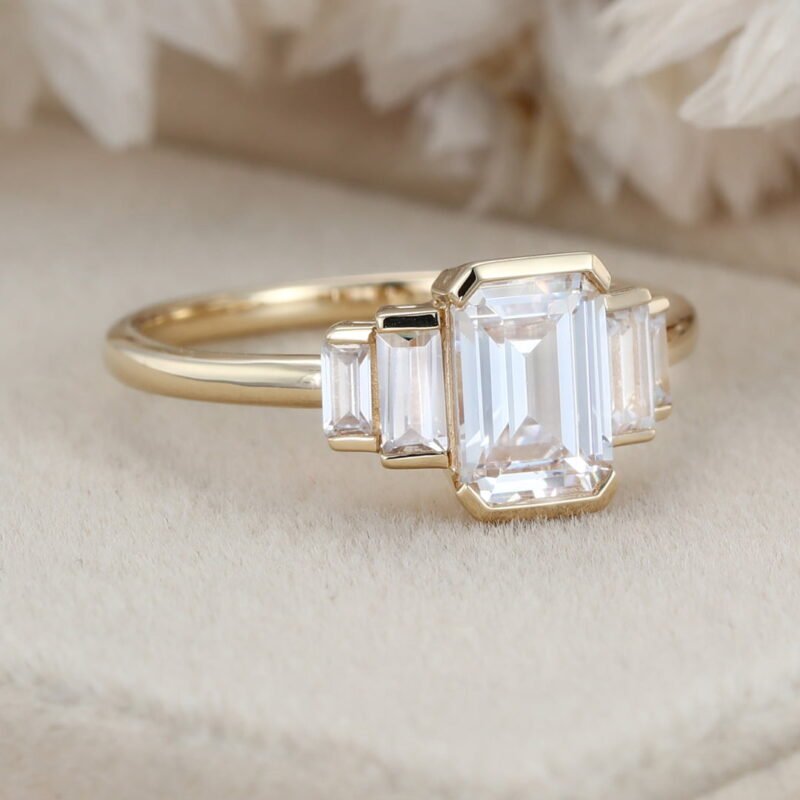 Unique Emerald cut Moissanite engagement ring Cluster baguette engagement ring Yellow gold Bezel Set art deco Bridal Promise Anniversary