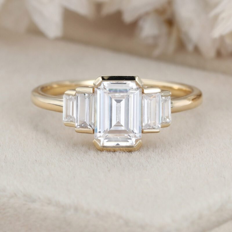 Unique Emerald cut Moissanite engagement ring Cluster baguette engagement ring Yellow gold Bezel Set art deco Bridal Promise Anniversary