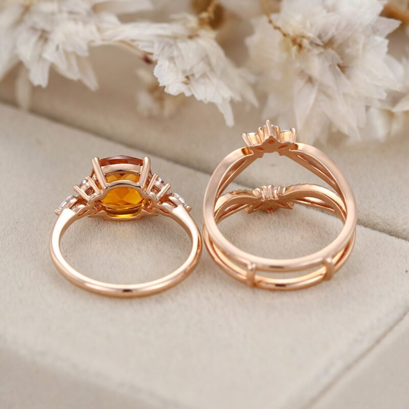Unique Fat square Citrine engagement ring set Vintage rose gold diamond engagement ring enhancer ring bridal wedding band Anniversary gift