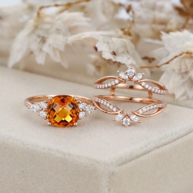 Unique Fat square Citrine engagement ring set Vintage rose gold diamond engagement ring enhancer ring bridal wedding band Anniversary gift