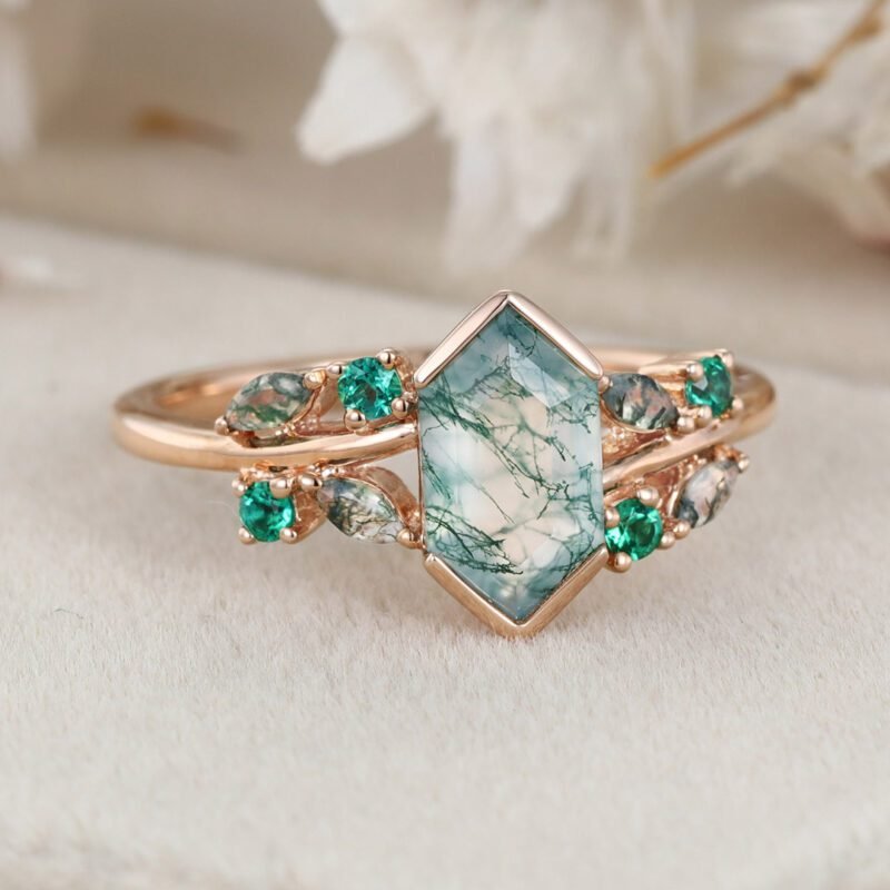 Unique Gemstone Ring Hexagon Cut Natural Moss Agate 14KRose gold Engagement Ring For Women Vintage Cluster Art Deco Bridal Ring Promise Gift
