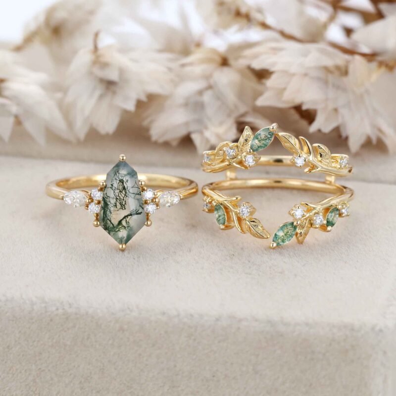 Unique Geometric Shape Moss Agate Engagement Ring Set Vintage 14K Solid Gold Women Leaf Ring Art Deco Bridal Set Diamond Wedding Ring