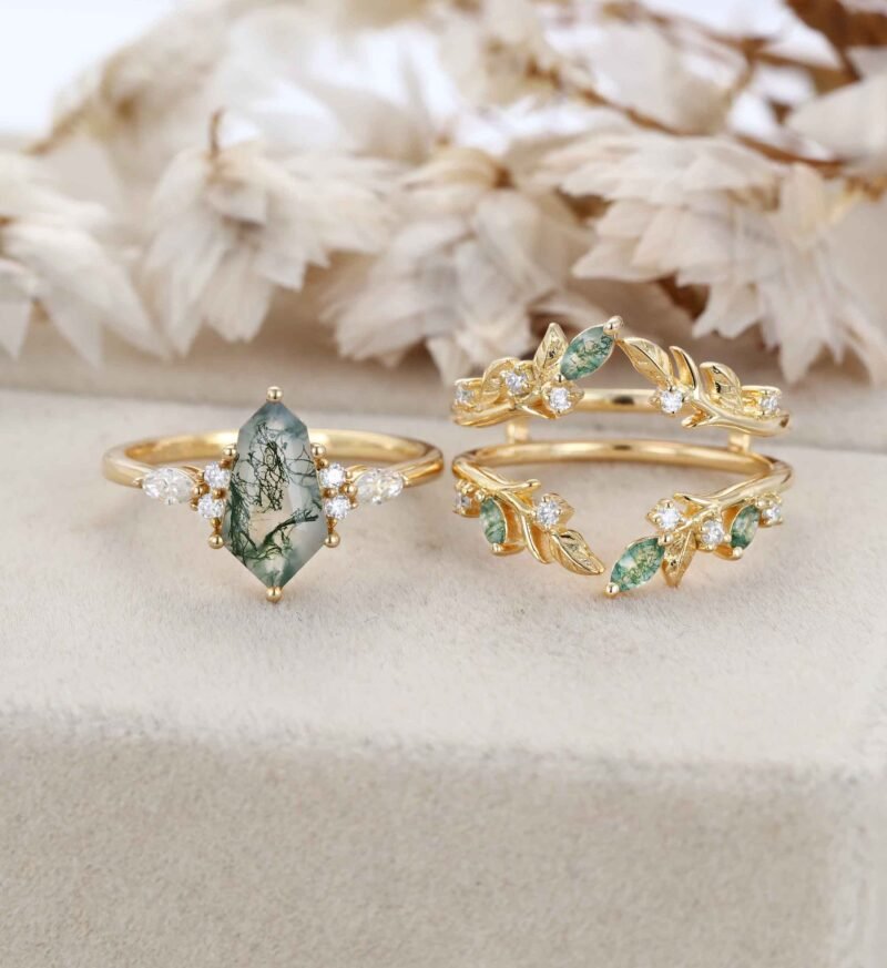 Unique Geometric Shape Moss Agate Engagement Ring Set Vintage 14K Solid Gold Women Leaf Ring Art Deco Bridal Set Diamond Wedding Ring