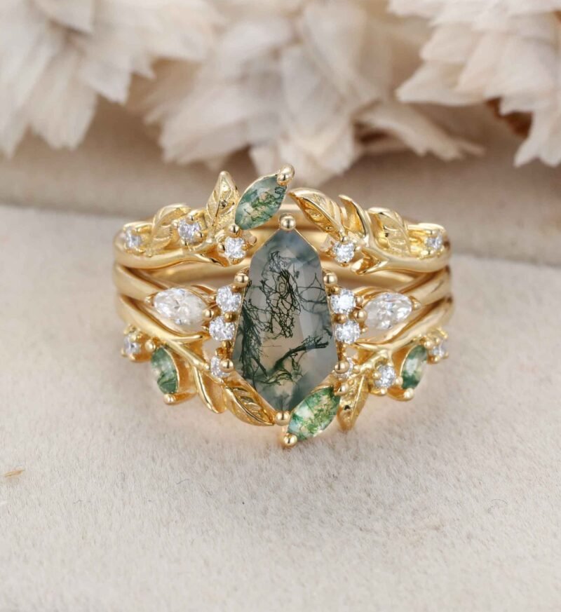 Unique Geometric Shape Moss Agate Engagement Ring Set Vintage 14K Solid Gold Women Leaf Ring Art Deco Bridal Set Diamond Wedding Ring