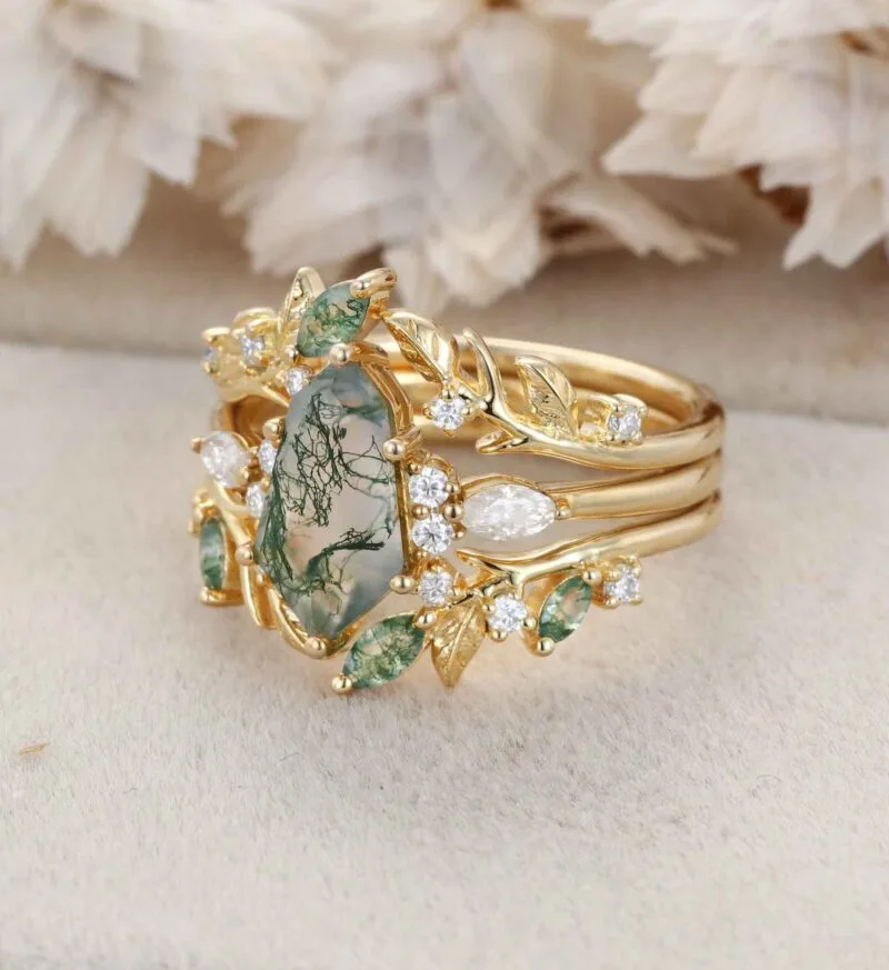 Unique Geometric Shape Moss Agate Engagement Ring Set Vintage 14K Solid Gold Women Leaf Ring Art Deco Bridal Set Diamond Wedding Ring