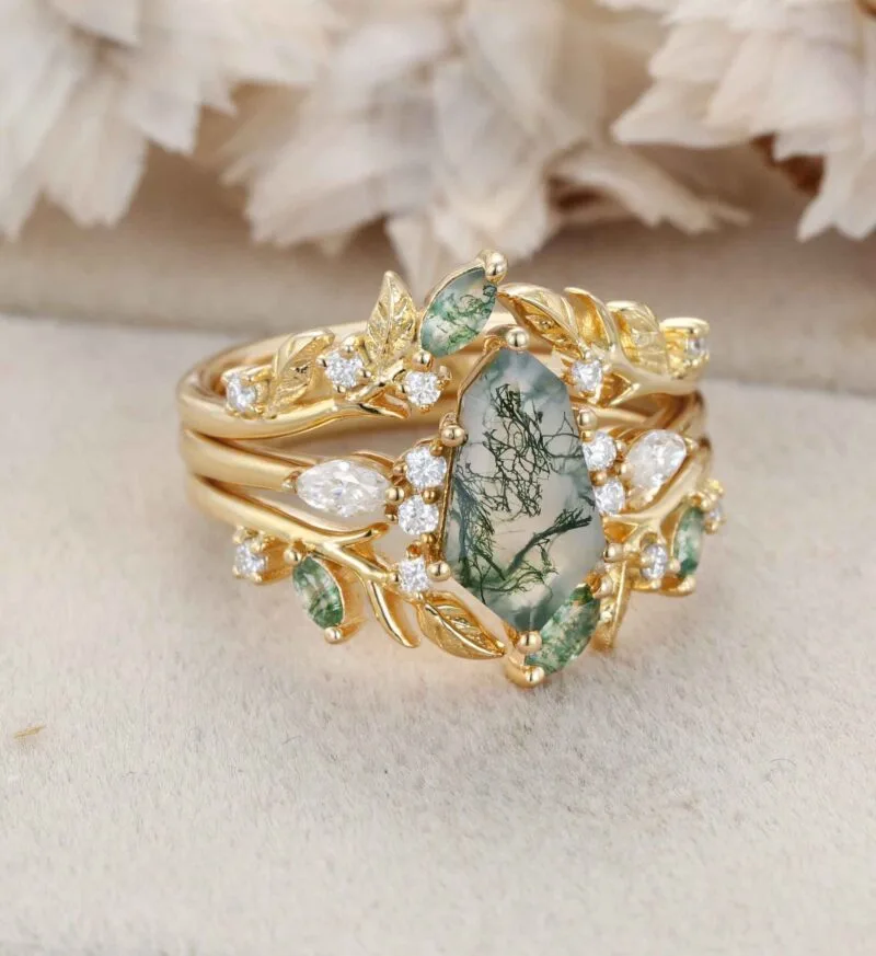 Unique Geometric Shape Moss Agate Engagement Ring Set Vintage 14K Solid Gold Women Leaf Ring Art Deco Bridal Set Diamond Wedding Ring