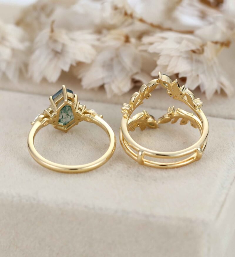 Unique Geometric Shape Moss Agate Engagement Ring Set Vintage 14K Solid Gold Women Leaf Ring Art Deco Bridal Set Diamond Wedding Ring