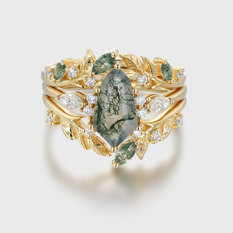 Unique Geometric Shape Moss Agate Engagement Ring Set Vintage 14K Solid Gold Women Leaf Ring Art Deco Bridal Set Diamond Wedding Ring