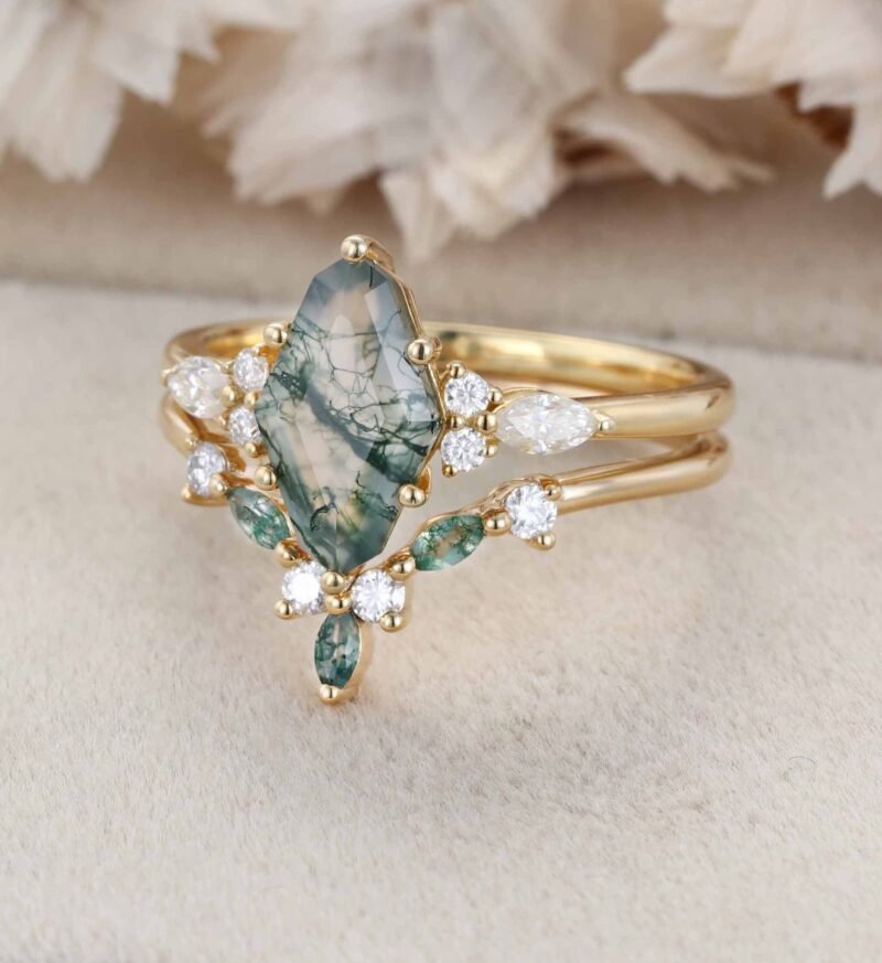 Unique Geometric Shape Natural Moss Agate Engagement Ring Set Art Deco Seven Stone Cluster Wedding Ring Vintage Yellow Gold 2pcs Bridal Set