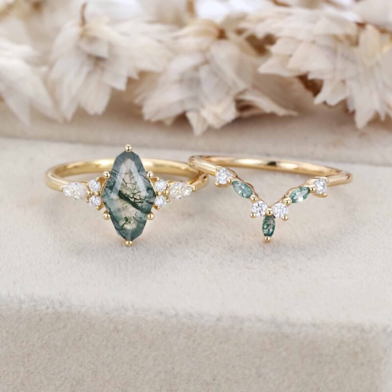 Unique Geometric Shape Natural Moss Agate Engagement Ring Set Art Deco Seven Stone Cluster Wedding Ring Vintage Yellow Gold 2pcs Bridal Set