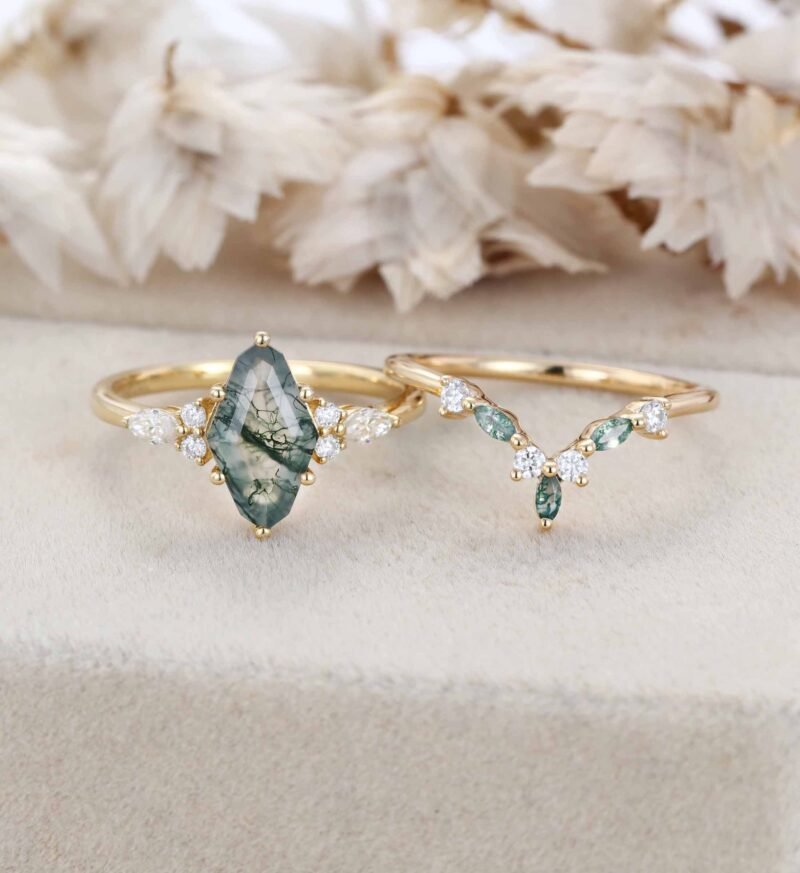 Unique Geometric Shape Natural Moss Agate Engagement Ring Set Art Deco Seven Stone Cluster Wedding Ring Vintage Yellow Gold 2pcs Bridal Set