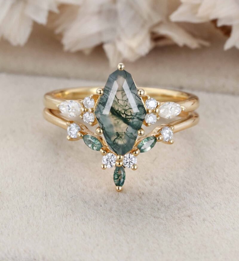 Unique Geometric Shape Natural Moss Agate Engagement Ring Set Art Deco Seven Stone Cluster Wedding Ring Vintage Yellow Gold 2pcs Bridal Set