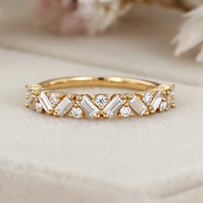 Unique Half Eternity Baguette cut Moissanite wedding band Vintage 14K Yellow gold Diamond wedding band Matching band Bridal Promise gift ring