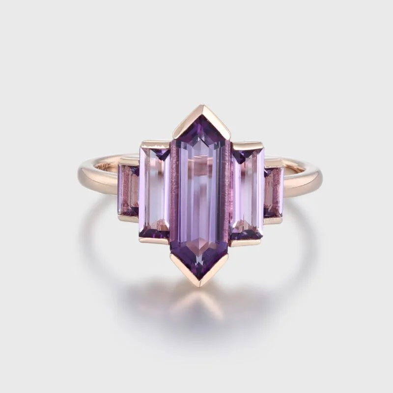 Unique Hexagon Amethyst engagement ring 14K Rose gold ring Cluster baguette engagement ring Bezel Set art deco Bridal Promise Anniversary