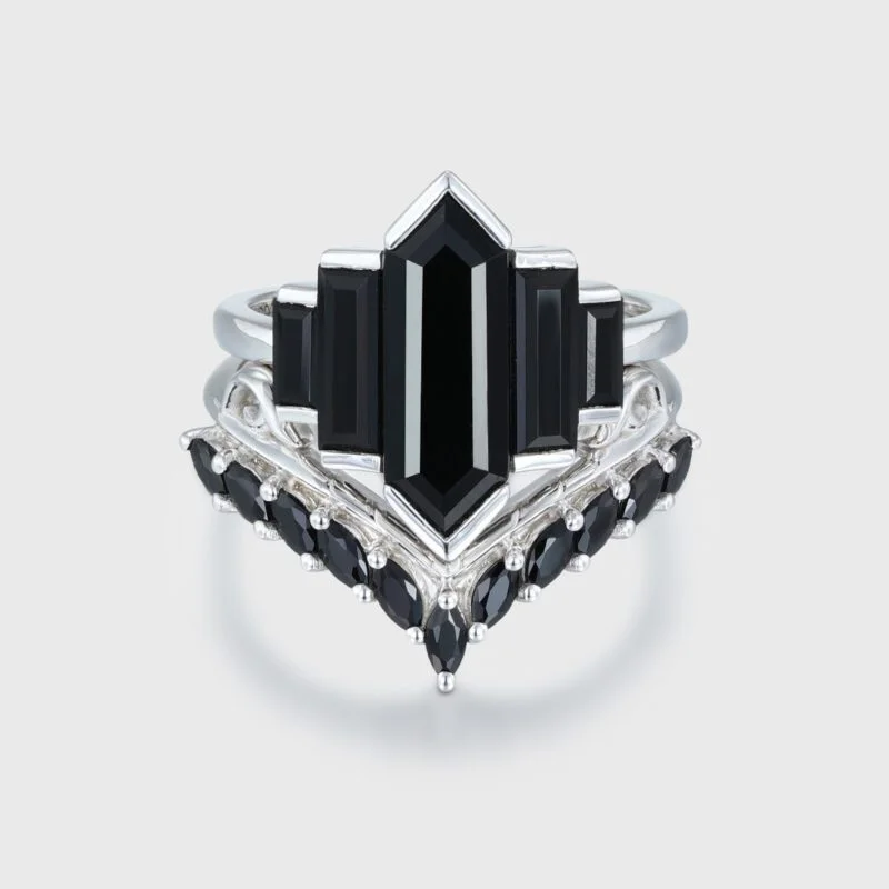 Unique Hexagon Black Onyx Ring Set 14K White Gold Cluster Baguette Engagement Ring Bezel Set Art Deco Ring