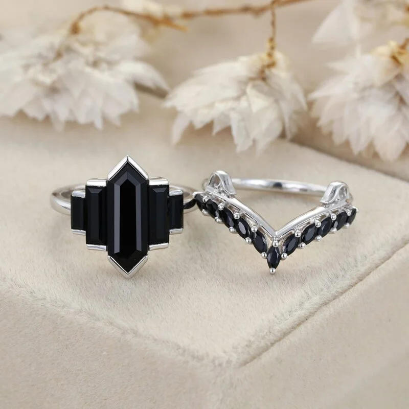 Unique Hexagon Black Onyx Ring Set 14K White Gold Cluster Baguette Engagement Ring Bezel Set Art Deco Ring