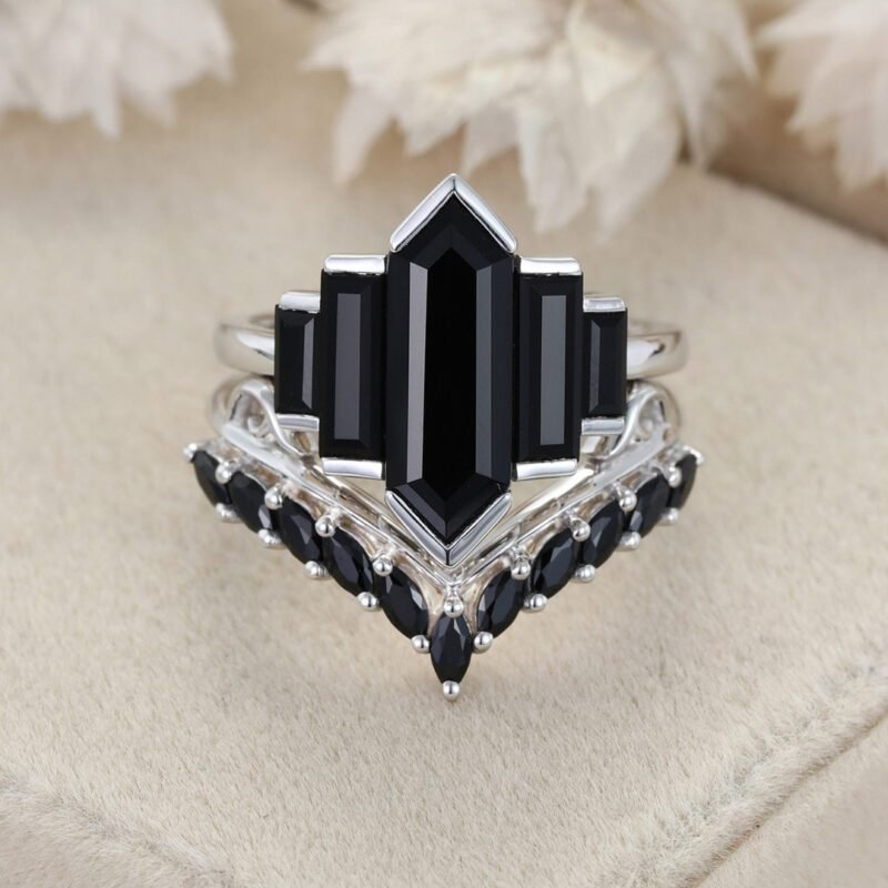 Unique Hexagon Black Onyx Ring Set 14K White Gold Cluster Baguette Engagement Ring Bezel Set Art Deco Ring