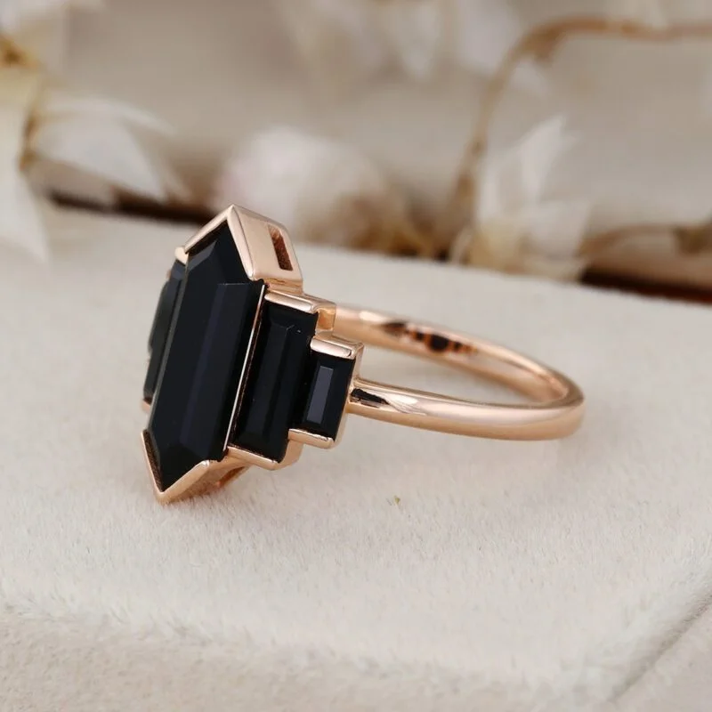 Unique Hexagon Black Onyx engagement ring Cluster baguette engagement ring Rose gold ring Bezel Set art deco Bridal Promise Anniversary gift