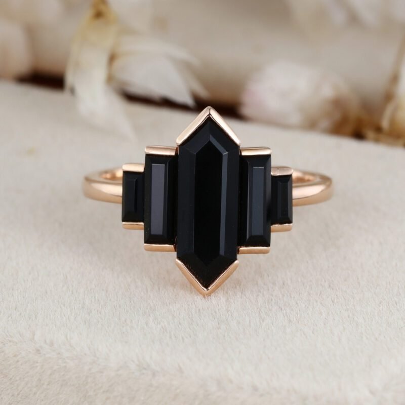 Unique Hexagon Black Onyx engagement ring Cluster baguette engagement ring Rose gold ring Bezel Set art deco Bridal Promise Anniversary gift