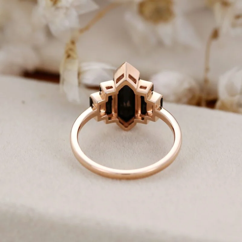 Unique Hexagon Black Onyx engagement ring Cluster baguette engagement ring Rose gold ring Bezel Set art deco Bridal Promise Anniversary gift