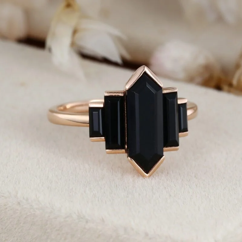 Unique Hexagon Black Onyx engagement ring Cluster baguette engagement ring Rose gold ring Bezel Set art deco Bridal Promise Anniversary gift