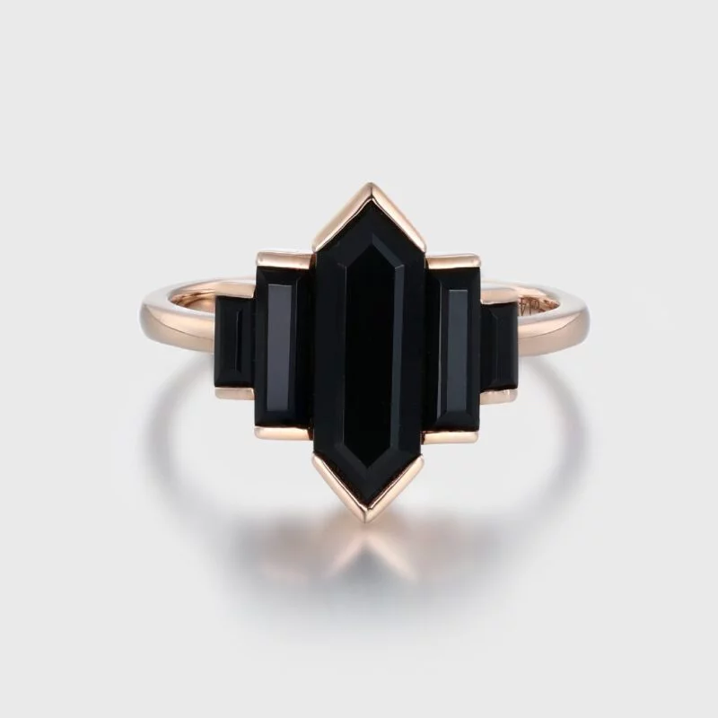 Unique Hexagon Black Onyx engagement ring Cluster baguette engagement ring Rose gold ring Bezel Set art deco Bridal Promise Anniversary gift