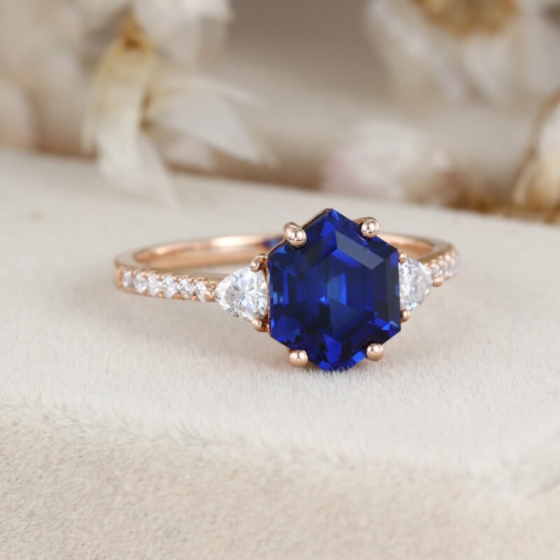 Unique Hexagon Blue Lab Sapphire engagement ring Dainty Vintage 14K Rose gold Moissanite engagement ring Bridal Promise Anniversary gift