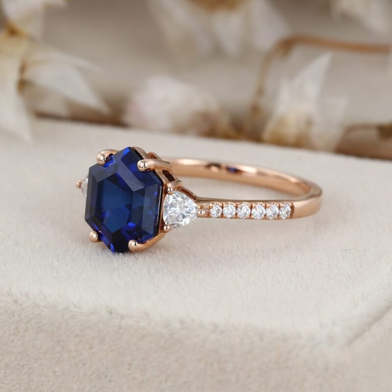 Unique Hexagon Blue Lab Sapphire engagement ring Dainty Vintage 14K Rose gold Moissanite engagement ring Bridal Promise Anniversary gift