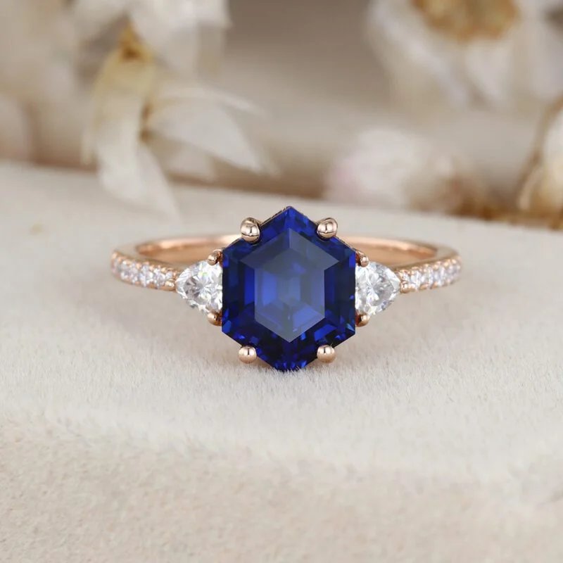 Unique Hexagon Blue Lab Sapphire engagement ring Dainty Vintage 14K Rose gold Moissanite engagement ring Bridal Promise Anniversary gift