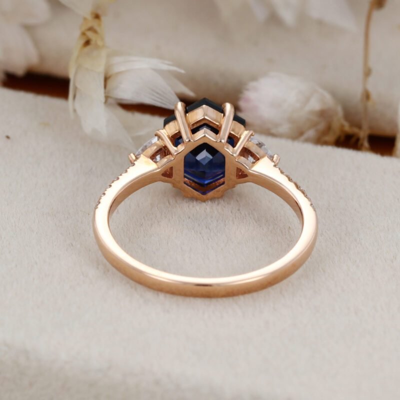 Unique Hexagon Blue Lab Sapphire engagement ring Dainty Vintage 14K Rose gold Moissanite engagement ring Bridal Promise Anniversary gift