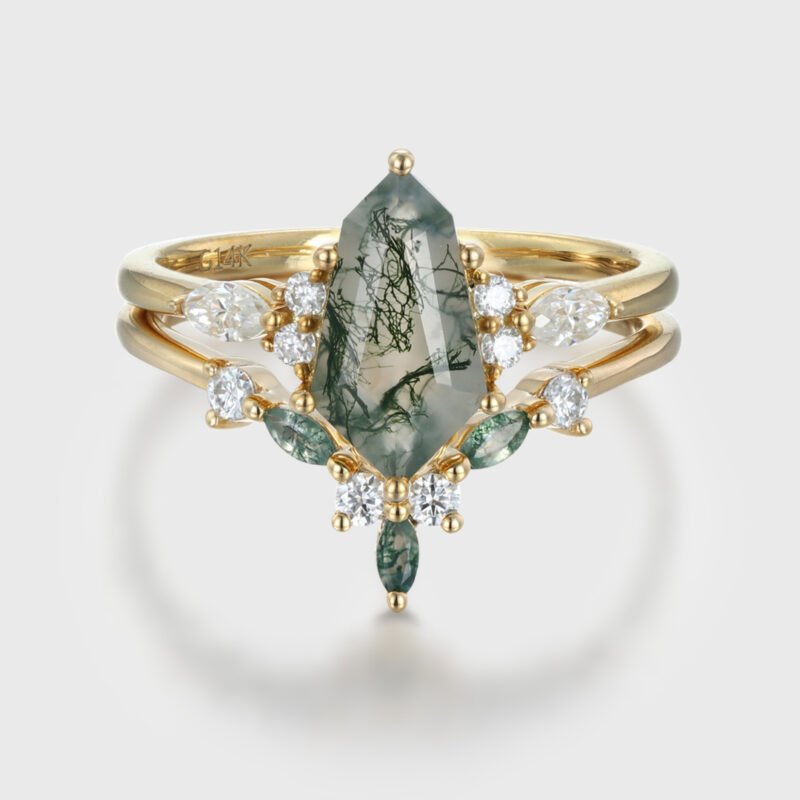 Unique Hexagon Cut Green Moss Agate Engagement Ring Set Vintage 14k Yellow Gold Moissanite Ring Art Deco 2pcs Bridal Ring Set