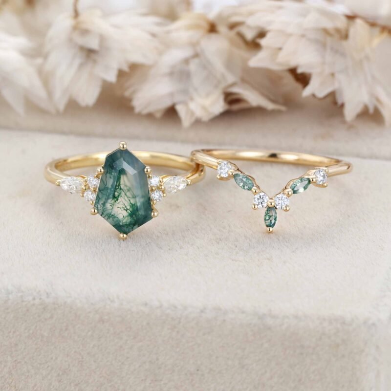 Unique Hexagon Cut Green Moss Agate Engagement Ring Set Vintage 14k Yellow Gold Moissanite Ring Bridal Anniversary Promise Gift