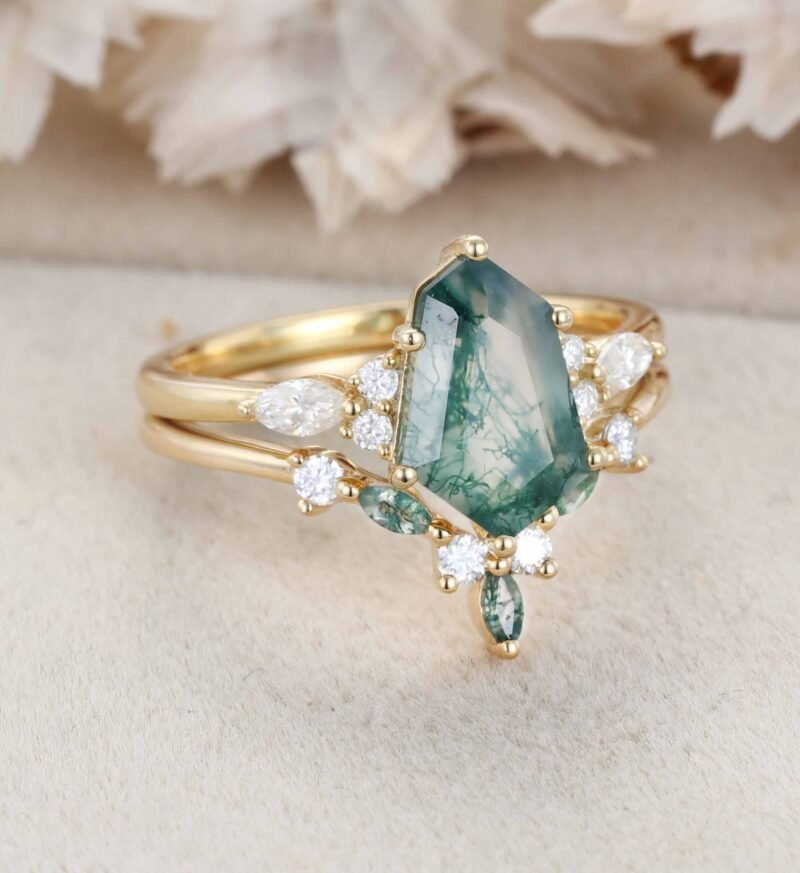 Unique Hexagon Cut Green Moss Agate Engagement Ring Set Vintage 14k Yellow Gold Moissanite Ring Bridal Anniversary Promise Gift