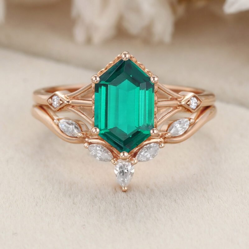 Unique Hexagon Cut Lab Emerald Engagement Ring Set 14K Rose Gold Marquise Cut Diamond Ring Bridal Wedding Ring Set Gift
